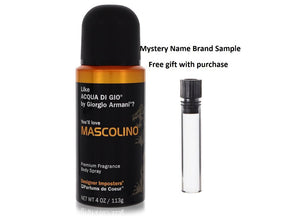 Designer Imposters Mascolino by Parfums De Coeur Body Spray 4 oz And a Mystery Name brand sample vile