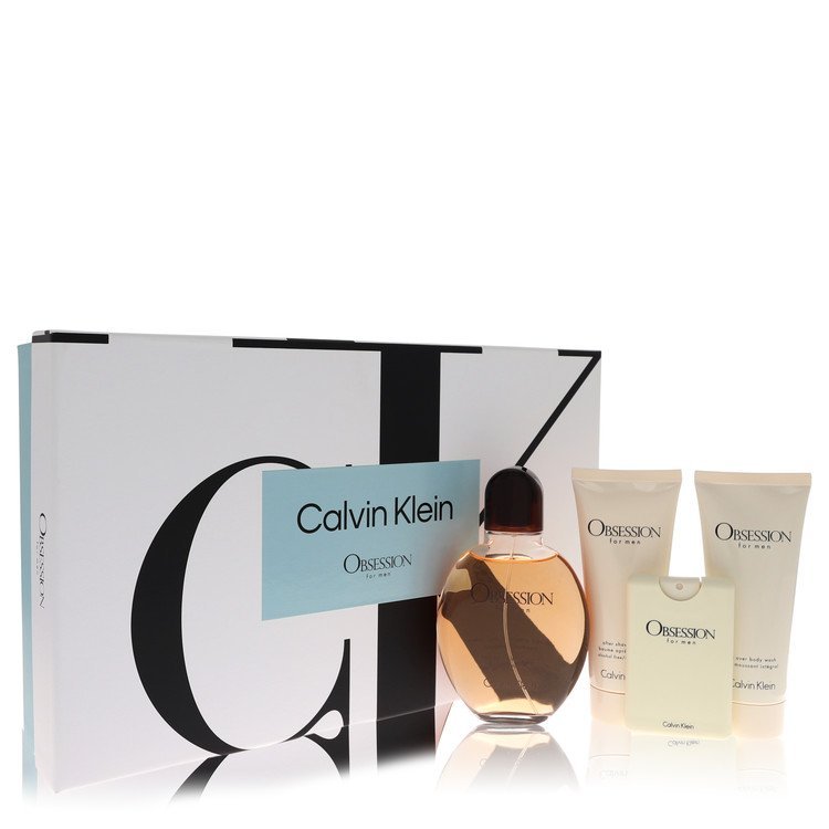 Obsession by Calvin Klein Gift Set -- 4.2 oz Eau De Toilette Spray + .67 oz Mini EDT Spray + 3.4 oz After Shave Balm + 3.4 oz Body Wash for Men