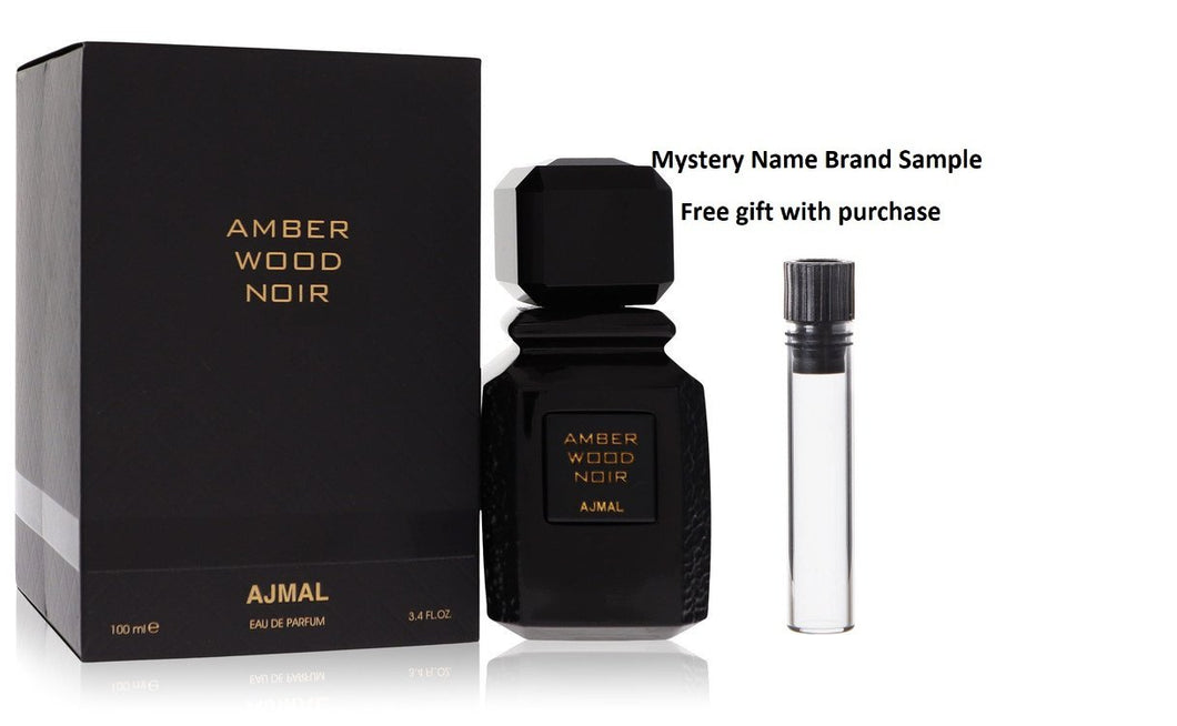 Ajmal Amber Wood Noir by Ajmal Eau De Parfum Spray (Unisex) 3.4 oz And a Mystery Name brand sample vile