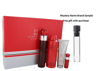 Perry Ellis 360 Red by Perry Ellis Gift Set -- 3.4 oz Eau De Toilette Spray + .25 oz Mini EDT Spray + 6.8 oz Body Spray + 3 oz Shower Gel And a Mystery Name brand sample vile