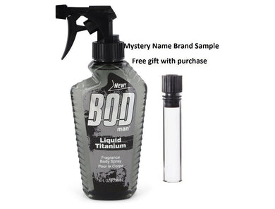Bod Man Liquid Titanium by Parfums De Coeur Fragrance Body Spray 8 oz And a Mystery Name brand sample vile