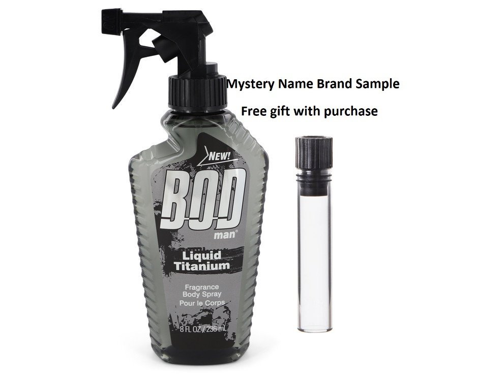 Bod Man Liquid Titanium by Parfums De Coeur Fragrance Body Spray 8 oz And a Mystery Name brand sample vile