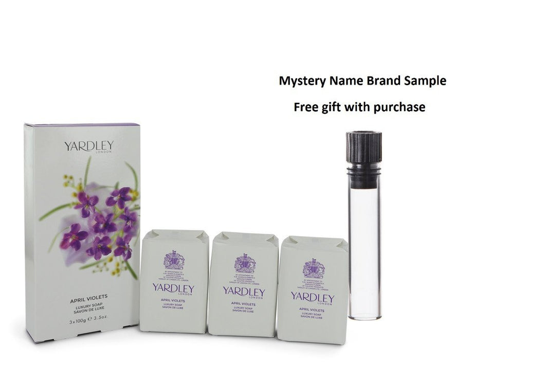 April Violets by Yardley London 3 x 3.5 oz Soap 3.5 oz  And a Mystery Name brand sample vile