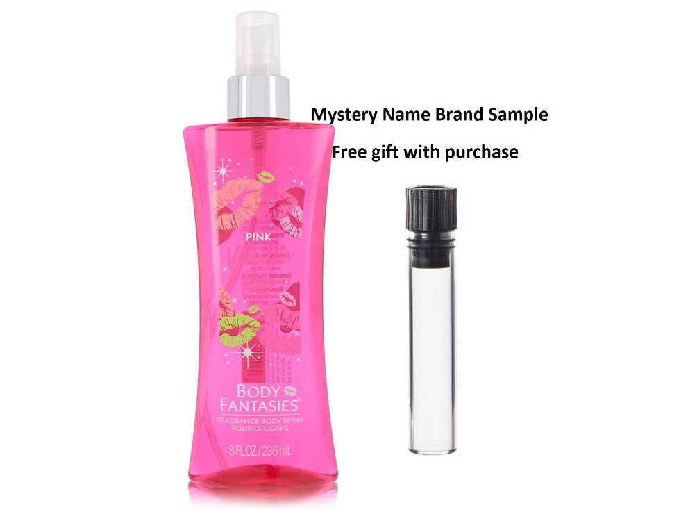 Body Fantasies Signature Pink Vanilla Kiss Fantasy by Parfums De Coeur Body Spray 8 oz And a Mystery Name brand sample vile