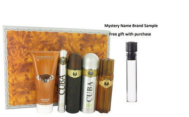 Cuba Gold by Fragluxe Gift Set -- 3.3 oz Eau De Toilette Spray + 3.3 oz After Shave Spray + 6.7 oz Body Deodorant Spray + 6.7 oz Shower Gel +  1.17 oz EDT Spray And a Mystery Name brand sample vile