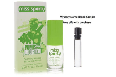 Miss Sporty Pump Up Booster by Coty Sparkling Mimosa & Jasmine Accord Eau De Toilette Spray .375 oz And a Mystery Name brand sample vile