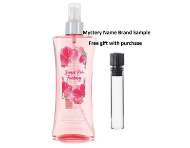 Body Fantasies Signature Pink Sweet Pea Fantasy by Parfums De Coeur Body Spray 8 oz And a Mystery Name brand sample vile