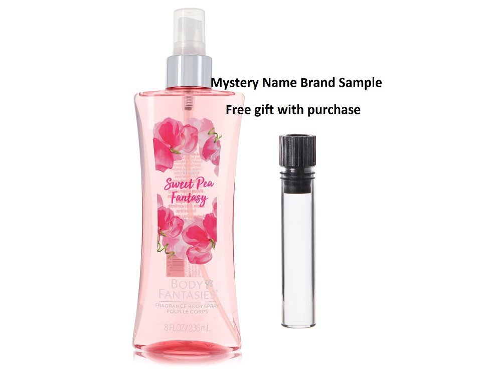 Body Fantasies Signature Pink Sweet Pea Fantasy by Parfums De Coeur Body Spray 8 oz And a Mystery Name brand sample vile