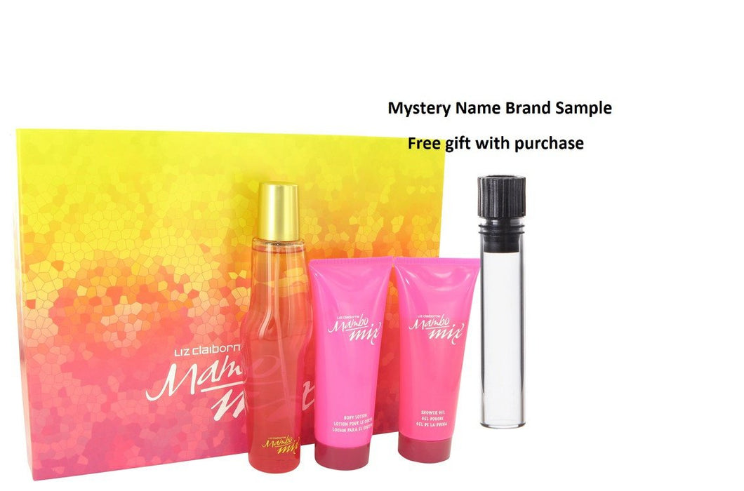 Mambo Mix by Liz Claiborne Gift Set -- 3.4 oz Eau De Parfum Spray + 3.4 oz Body Lotion + 3.4 oz Shower Gel And a Mystery Name brand sample vile