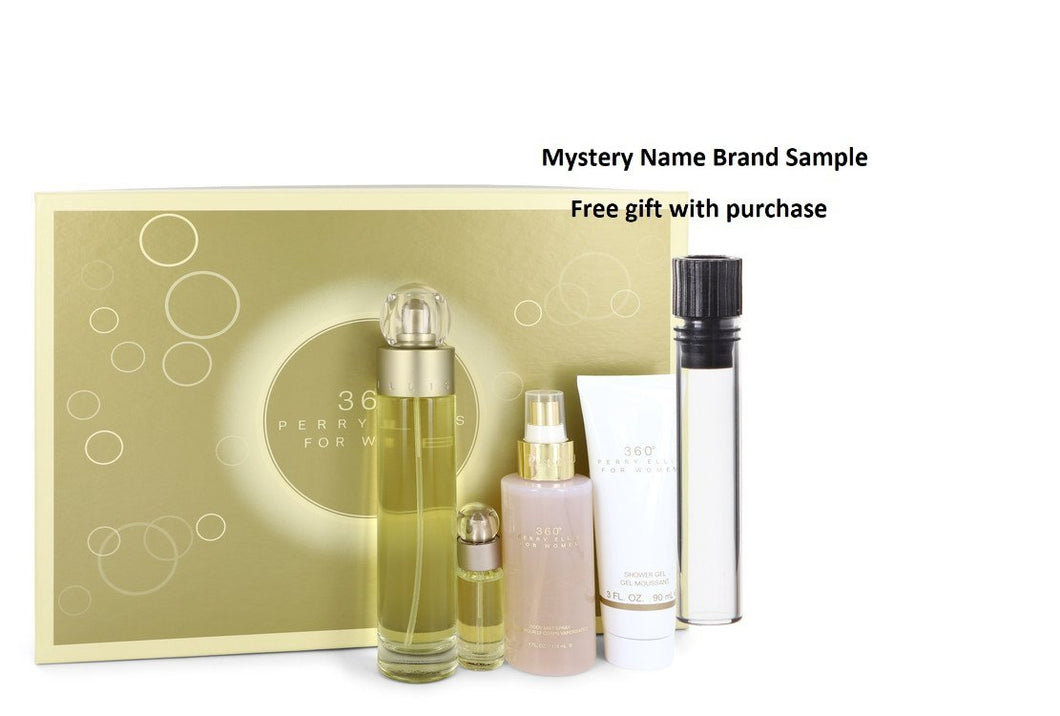 perry ellis 360 by Perry Ellis Gift Set -- 3.4 oz Eau De Toilette Spray + 4 oz Body Mist + 3 oz Shower Gel + .25 Mini EDT Spray And a Mystery Name brand sample vile
