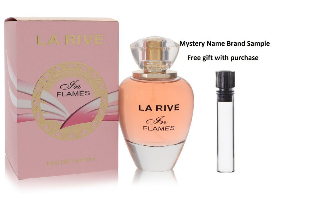 La Rive In Flames by La Rive Eau De Parfum Spray 3 oz And a Mystery Name brand sample vile
