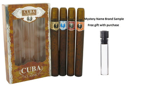 CUBA RED by Fragluxe Gift Set -- Cuba Variety Set includes All Four 1.15 oz Sprays, Cuba Red, Cuba Blue, Cuba Gold and Cuba Orange And a Mystery Name brand sample vile