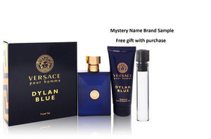 Versace Pour Homme Dylan Blue by Versace Gift Set -- 3.4 oz Eau de Toilette Spray + 3.4 oz Shower Gel And a Mystery Name brand sample vile