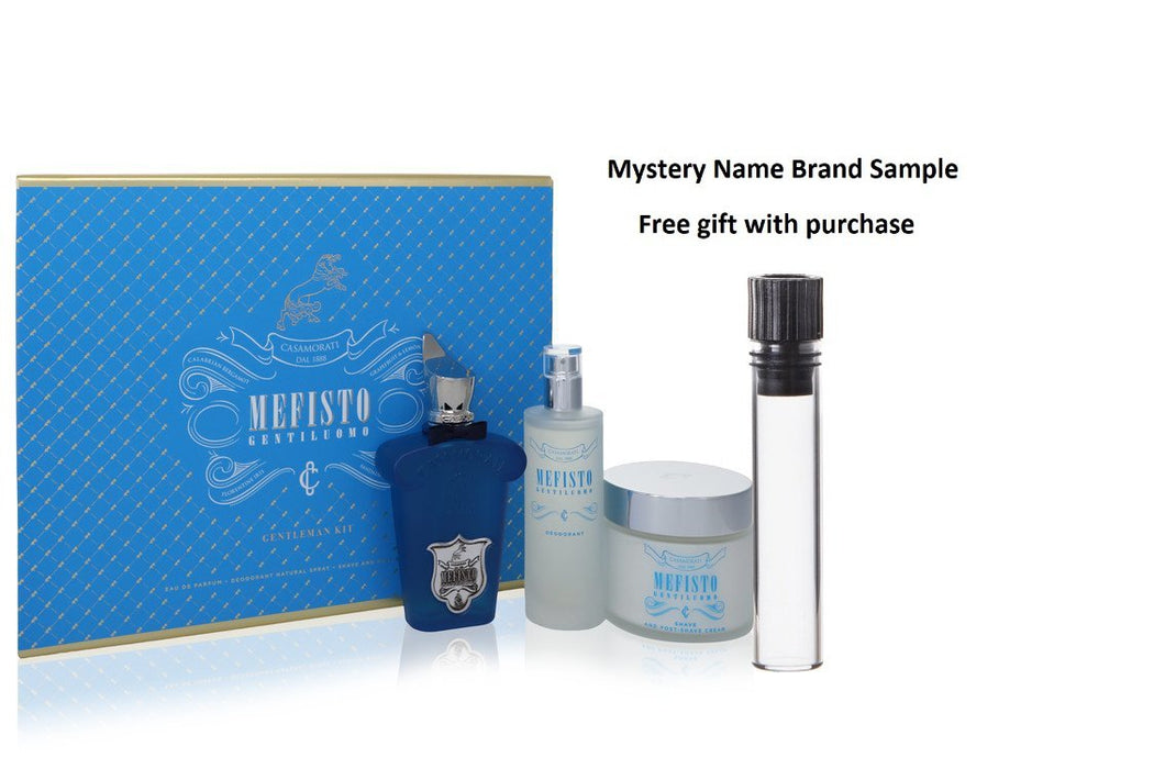 Mefisto Gentiluomo by Xerjoff Gift Set -- 3.4 oz Eau De Parfum Spray + 3.4 oz Deodorant Spray + 6.7 oz Shave and Post Shave Cream And a Mystery Name brand sample vile