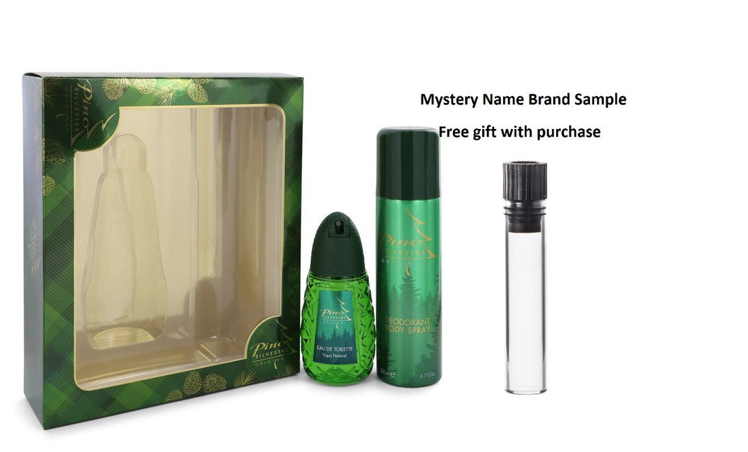 PINO SILVESTRE by Pino Silvestre Gift Set -- 4.2 oz Eau De Toiette Spray + 6.7 oz Body Spray And a Mystery Name brand sample vile