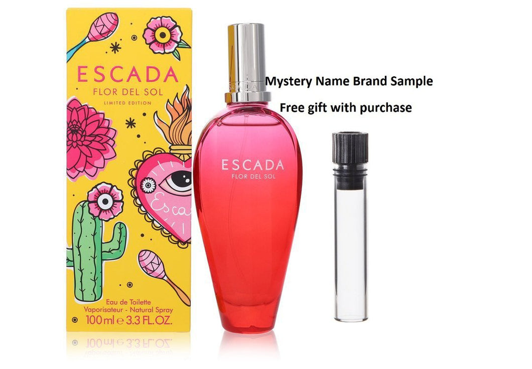 Escada Flor Del Sol by Escada Eau De Toilette Spray (Limited Edition) 3.4 oz And a Mystery Name brand sample vile