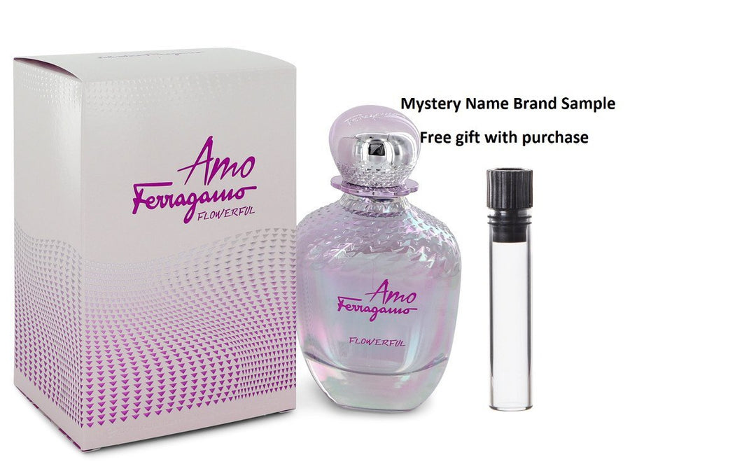 Amo Flowerful by Salvatore Ferragamo Eau De Toilette Spray 3.4 oz And a Mystery Name brand sample vile