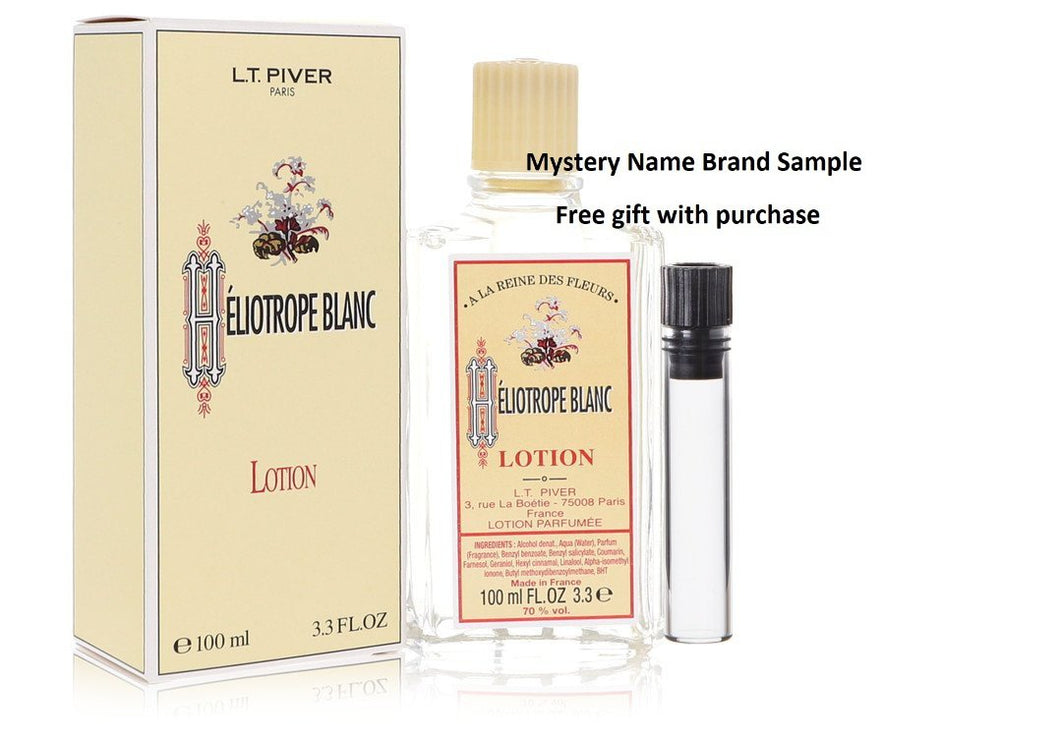 Heliotrope Blanc by LT Piver Lotion (Eau De Toilette) 3.3 oz And a Mystery Name brand sample vile