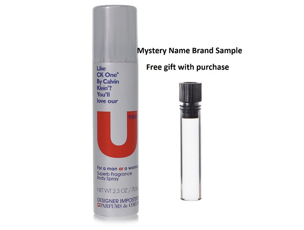 Designer Imposters U You by Parfums De Coeur Deodorant Body Spray (Unisex) 2.5 oz And a Mystery Name brand sample vile