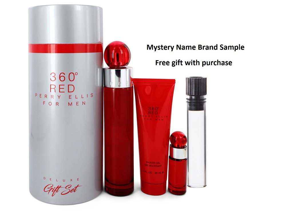Perry Ellis 360 Red by Perry Ellis Gift Set -- 3.4 oz Eau De Toilette Spray + .25 oz Mini EDT Spray + 3 oz Shower Gel in Tube Box And a Mystery Name brand sample vile