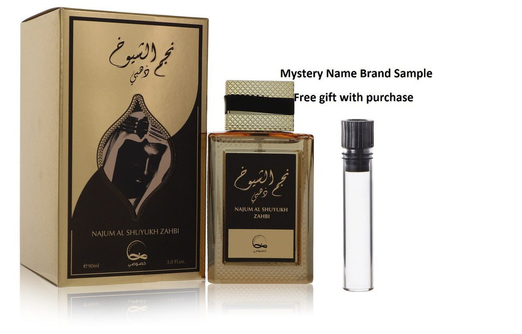 Najum Al Shuyukh Zahbi by Khususi Eau De Parfum Spray 3 oz And a Mystery Name brand sample vile