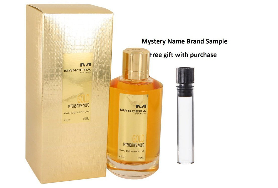 Mancera Intensitive Aoud Gold by Mancera Eau De Parfum Spray (Unisex) 4 oz And a Mystery Name brand sample vile