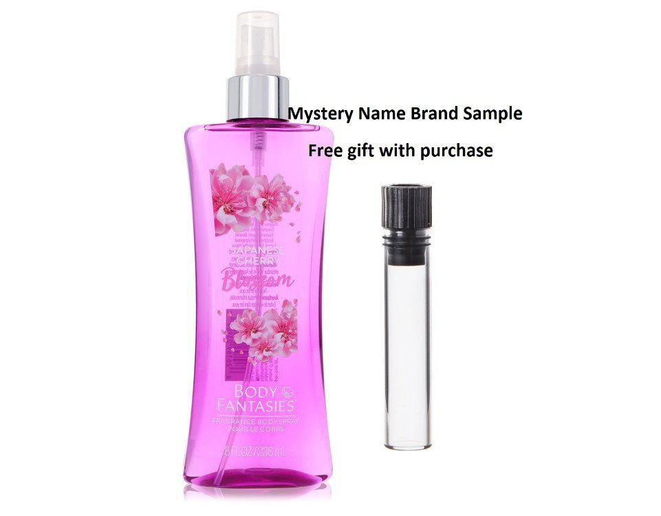 Body Fantasies Signature Japanese Cherry Blossom by Parfums De Coeur Body Spray 8 oz And a Mystery Name brand sample vile