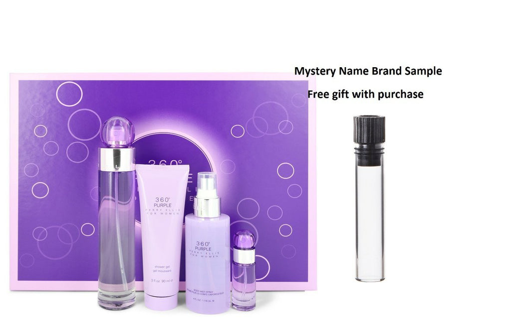Perry Ellis 360 Purple by Perry Ellis Gift Set -- 3.4 oz Eau De Parfum Spray + .25 oz Mini EDP Spray + 4 oz Body Mist Spray + 3 oz Shower Gel And a Mystery Name brand sample vile