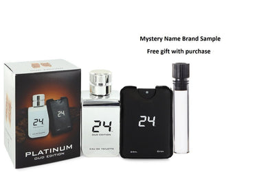 24 Platinum Oud Edition by ScentStory Eau De Toilette Concentree Spray  + 0.8 oz {Pocket Spray (Unisex) 3.4 oz  3.4 oz  Eau De Toilette Concentree Spray  + 0.8 oz Pocket Spray (Unisex) And a Mystery Name brand sample vile