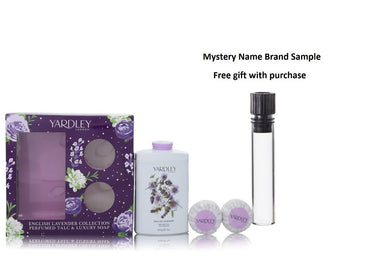 English Lavender by Yardley London Gift Set -- 7 oz Perfumed Talc + 2-3.5 oz Soap And a Mystery Name brand sample vile