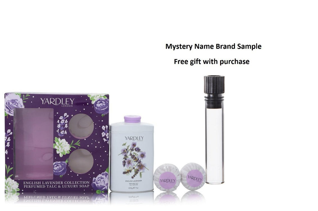 English Lavender by Yardley London Gift Set -- 7 oz Perfumed Talc + 2-3.5 oz Soap And a Mystery Name brand sample vile