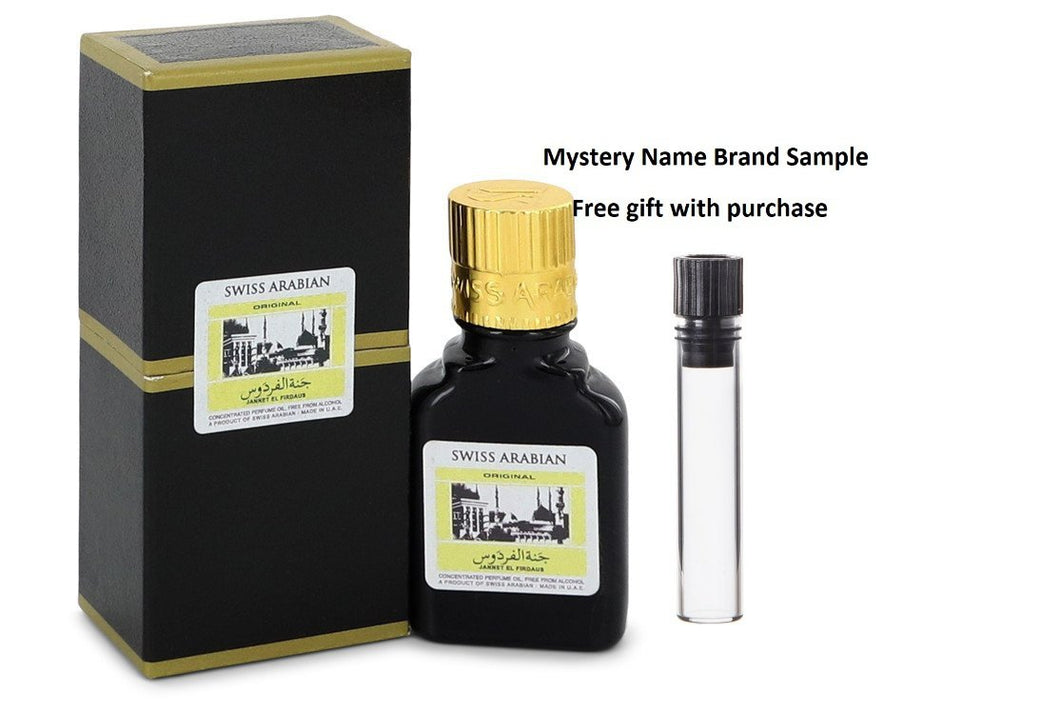 Jannet El Firdaus by Swiss Arabian Concentrated Perfume Oil Free From Alcohol (Unisex Black Edition Floral Attar) .30 oz And a Mystery Name brand sample vile