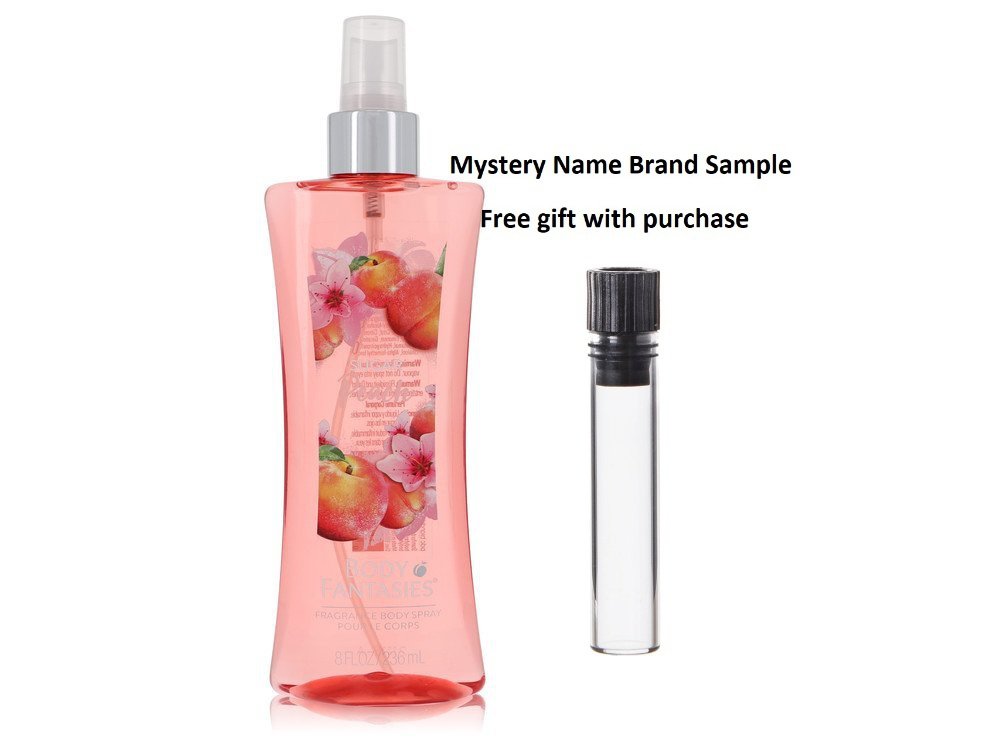 Body Fantasies Signature Sugar Peach by Parfums De Coeur Body Spray 8 oz And a Mystery Name brand sample vile