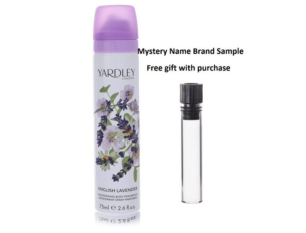 English Lavender by Yardley London Refreshing Body Spray (Unisex) 2.6 oz And a Mystery Name brand sample vile