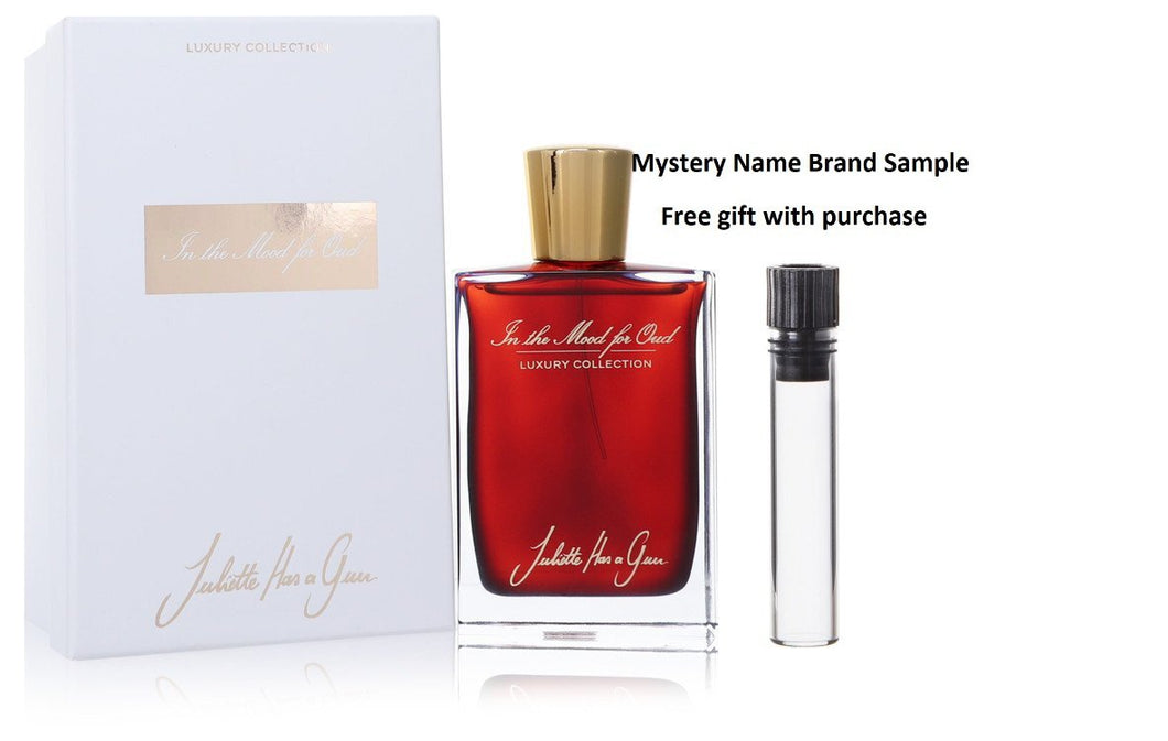 In the Mood for Oud by Juliette Has a Gun Eau De Parfum Spray (Unisex) 2.5 oz And a Mystery Name brand sample vile