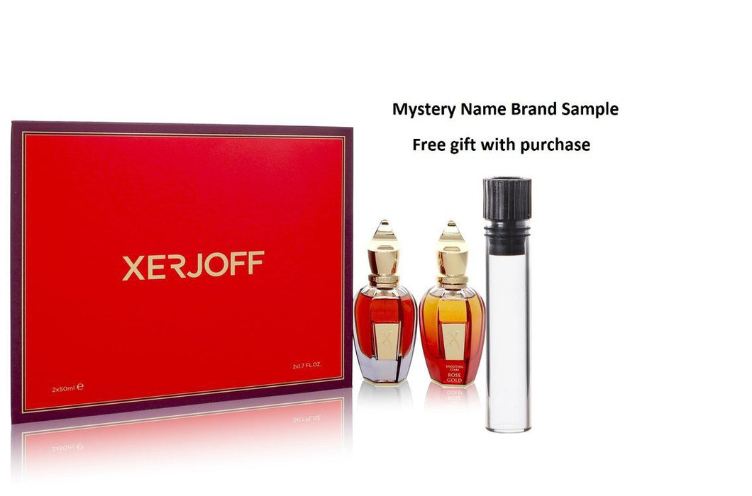 Shooting Stars Amber Gold & Rose Gold by Xerjoff Gift Set -- 1.7 oz EDP in Amber Gold + 1.7 oz EDP in Rose Gold And a Mystery Name brand sample vile