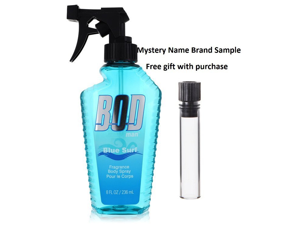 Bod Man Blue Surf by Parfums De Coeur Body Spray 8 oz And a Mystery Name brand sample vile