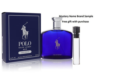 Polo Blue by Ralph Lauren Eau De Parfum Spray 4.2 oz And a Mystery Name brand sample vile