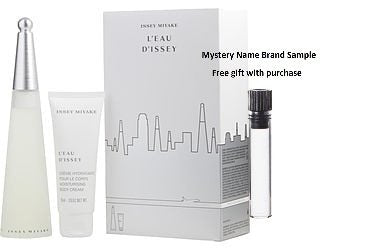 L'EAU D'ISSEY by Issey Miyake EDT SPRAY 3.3 OZ & BODY CREAM 2.6 OZ (TRAVEL OFFER) for WOMEN And a Mystery Name brand sample vile