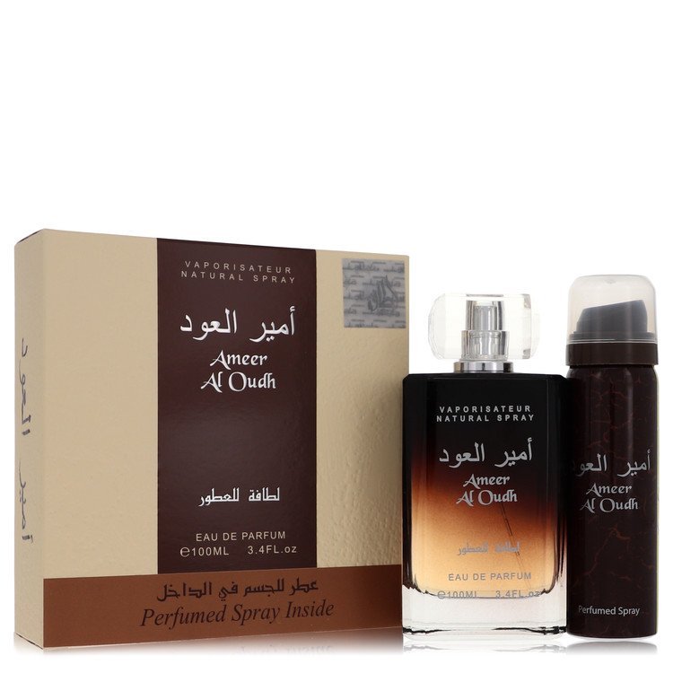 Ameer Al Oudh by Lattafa Gift Set -- 3.4 oz Eau De Parfum Spray + 1.7 oz Perfumed Spray For Men