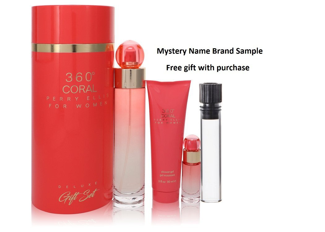 Perry Ellis 360 Coral by Perry Ellis Gift Set -- 3.4 oz Eau de Parfum Spray + .25 oz Mini EDP Spray + 3 oz Shower Gel And a Mystery Name brand sample vile